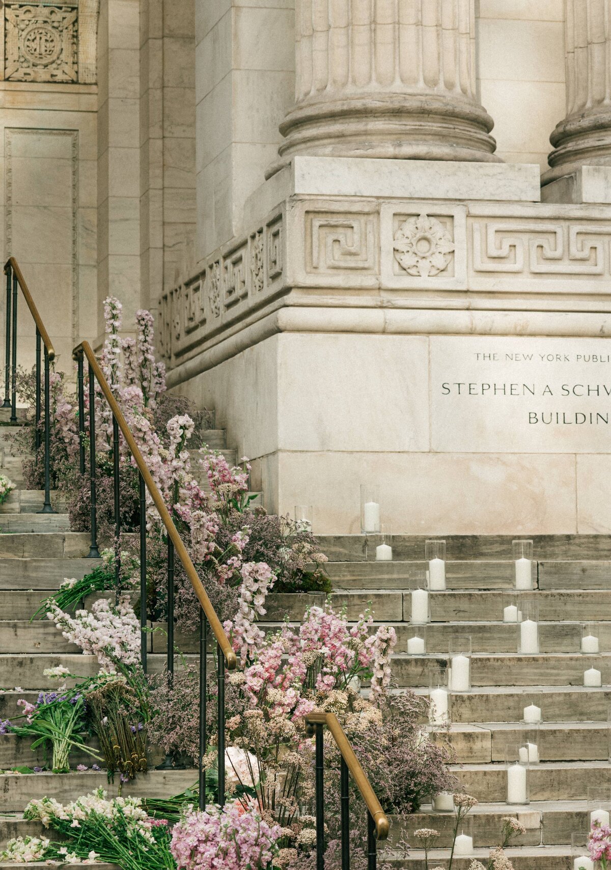 Ceremony decor with romantic floral installation, luxury wedding inspiration NYC Public Library