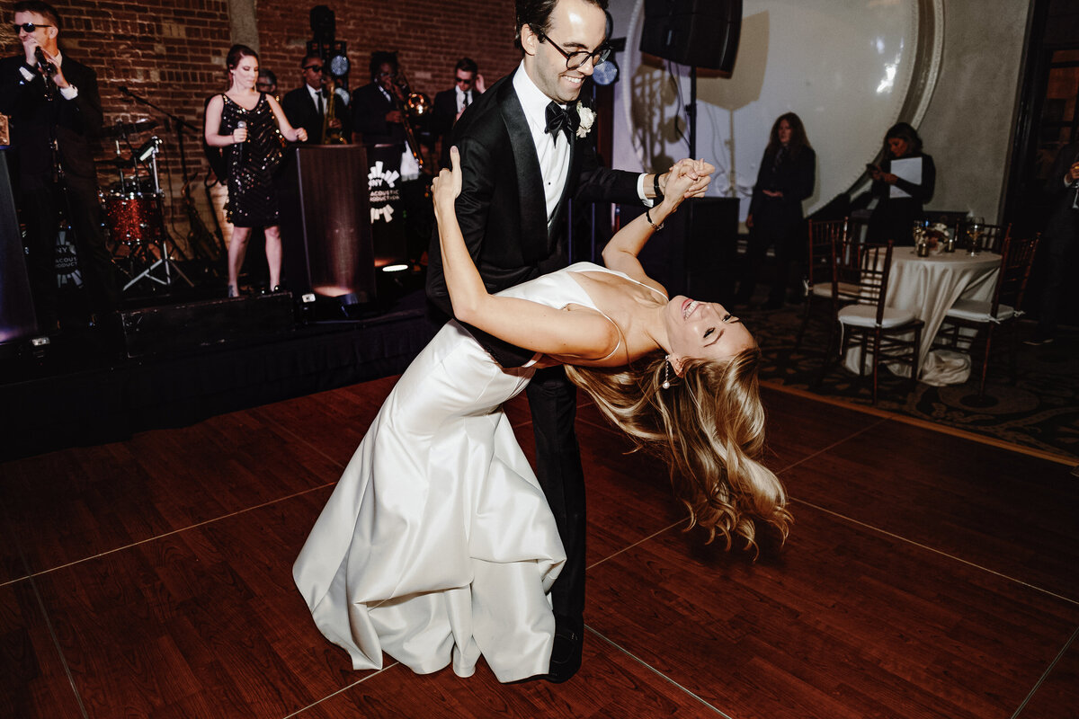 Couple dancing during their reception party at Hotel Emma by Shy Laurel photography