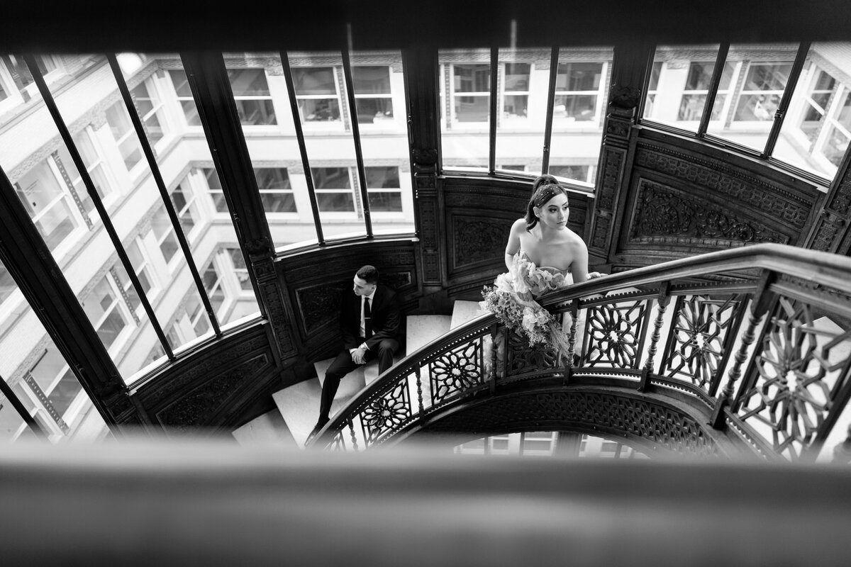 Aspen-Avenue-Chicago-Wedding-Photographer-Rookery-Engagement-Session-Histoircal-Stairs-Moody-Dramatic-Magazine-Unique-Gown-Stemming-From-Love-Emily-Rae-Bridal-Hair-FAV-20