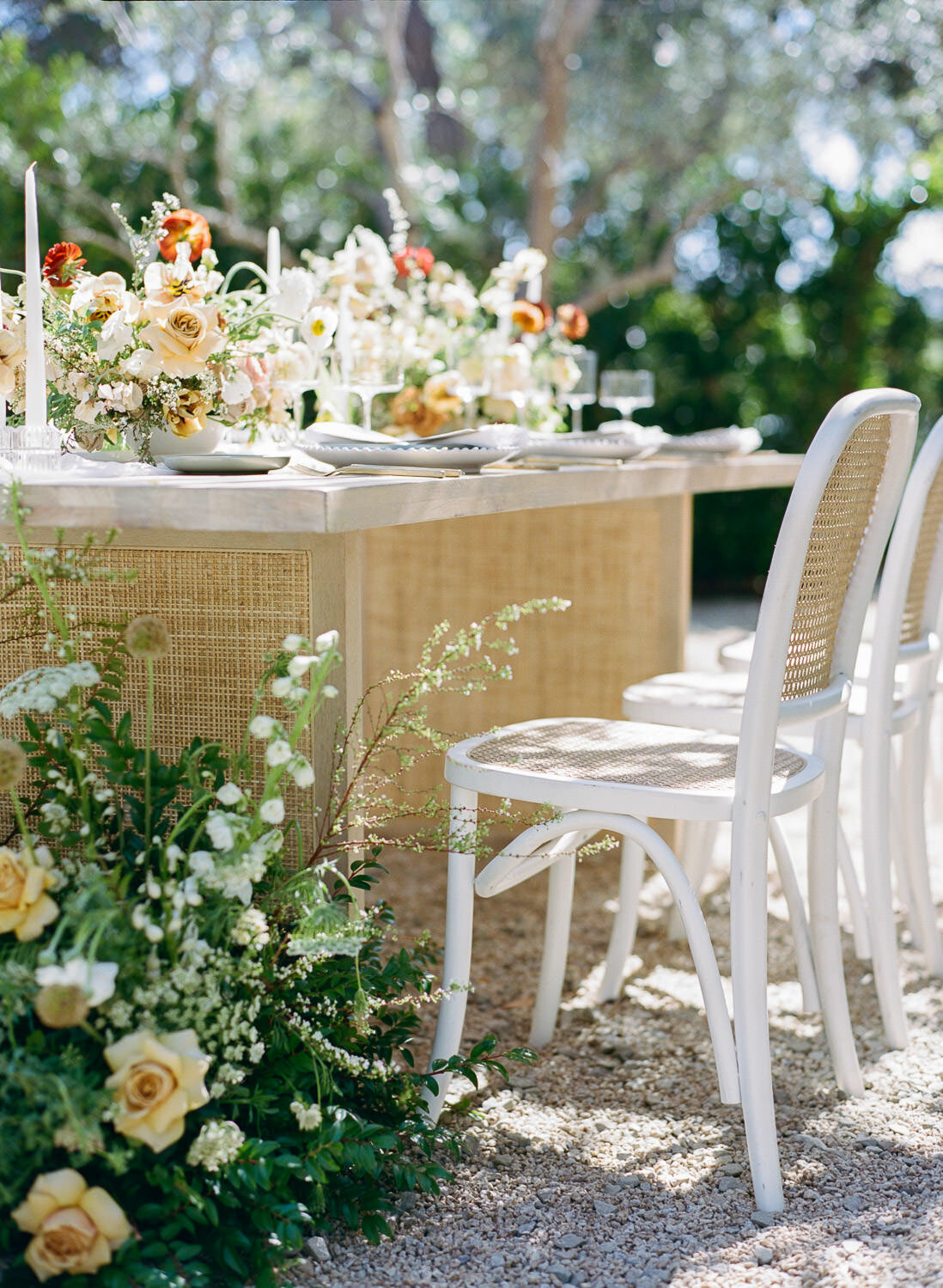 Wedding reception dinner table set up outside in Santa Barbara