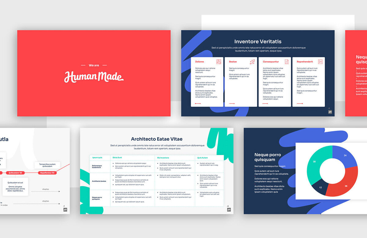 Presentation template design for Human Made showing 5 layouts using bright red, deep blue and medium blue colors