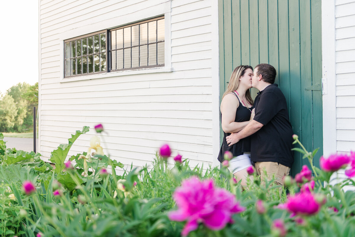 Engaged couple kissing in a country setting