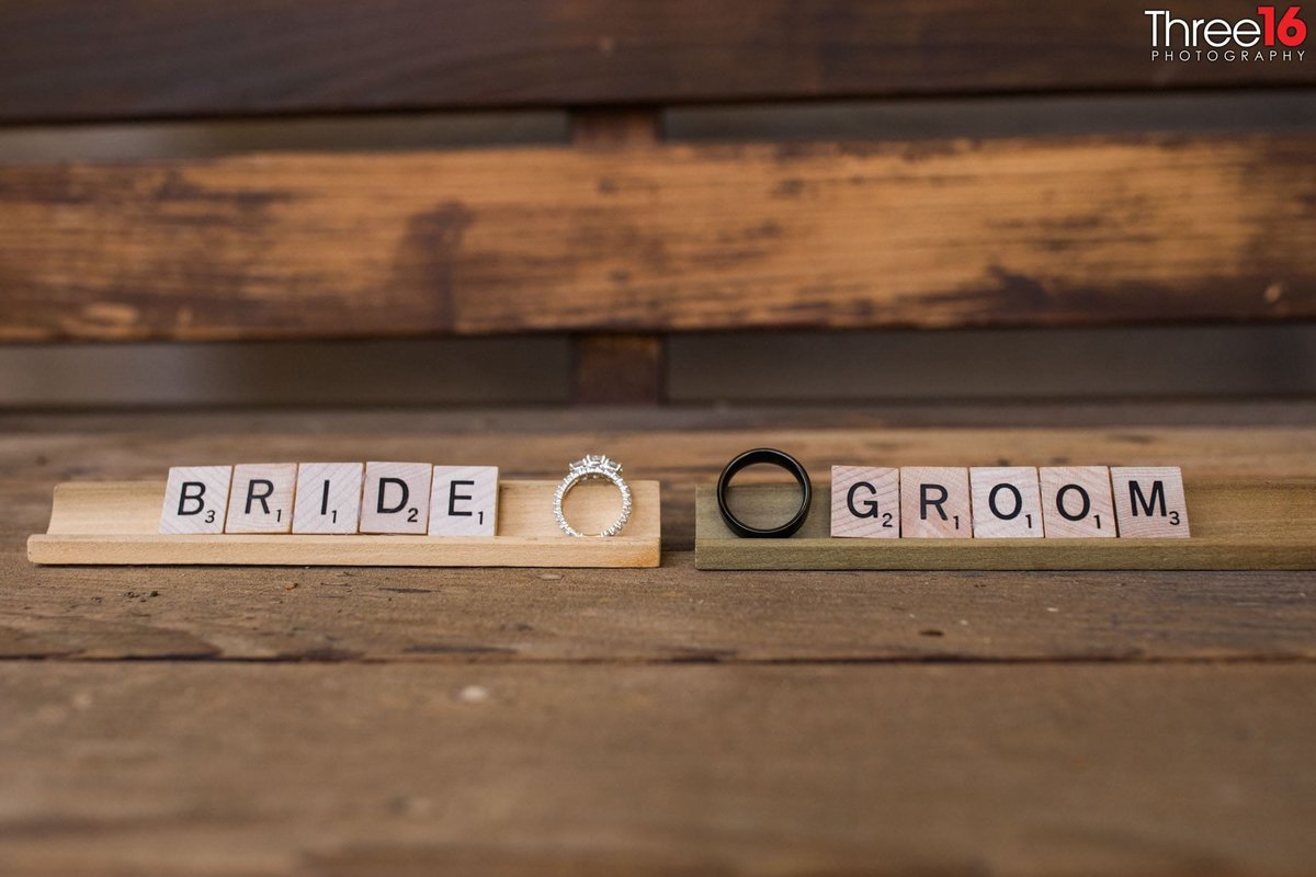 Bride and Groom's rings with Scrabble tiles