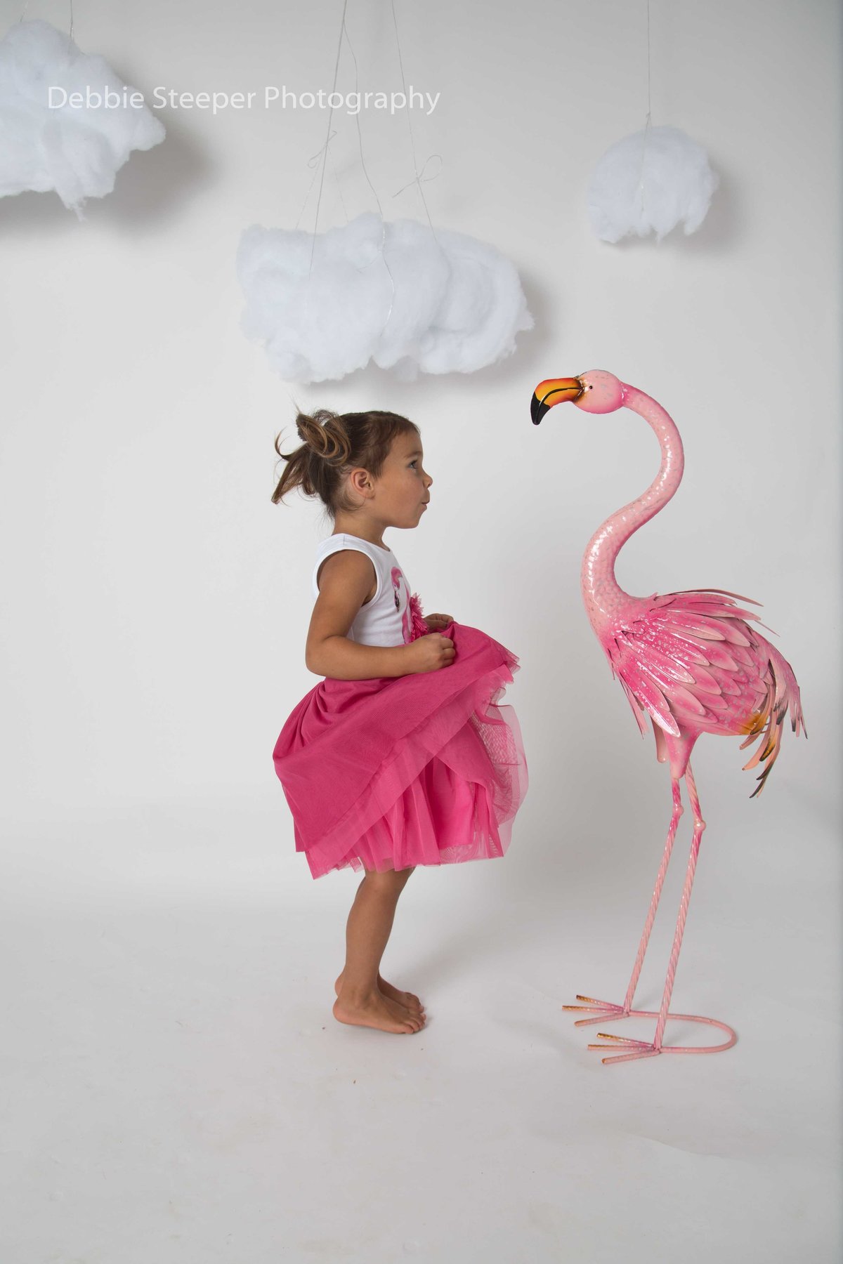 flamingo-girl-photoshoot-fake-clouds-pink-dress-debbie-steeper