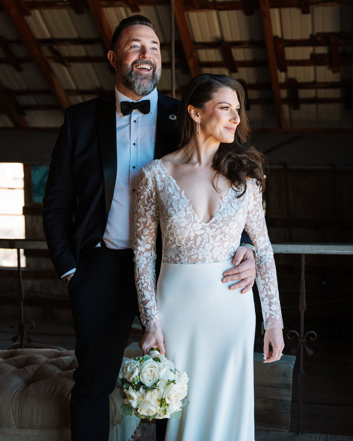 bride and groom in a barn at nelson ghost town, just outside of las vegas, nv