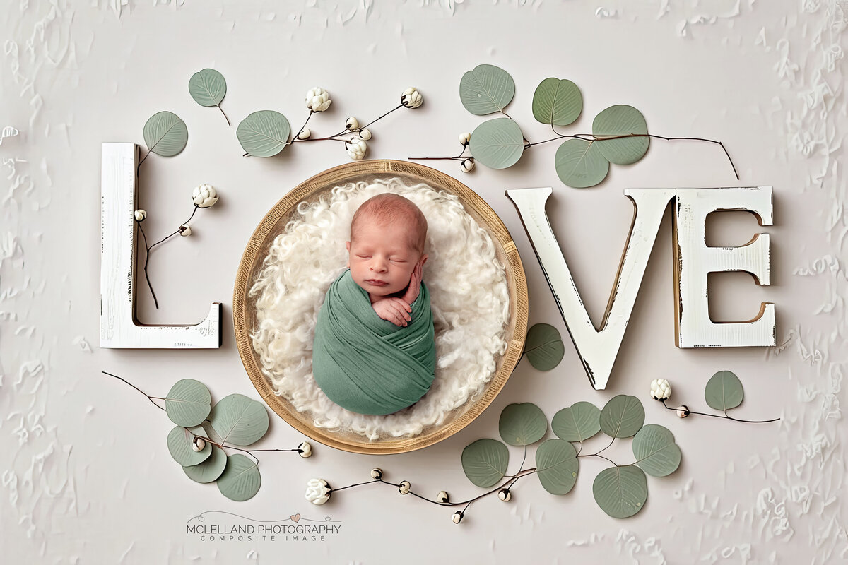 Newborn boy posed in LOVE letter prop — Hamilton newborn photography session