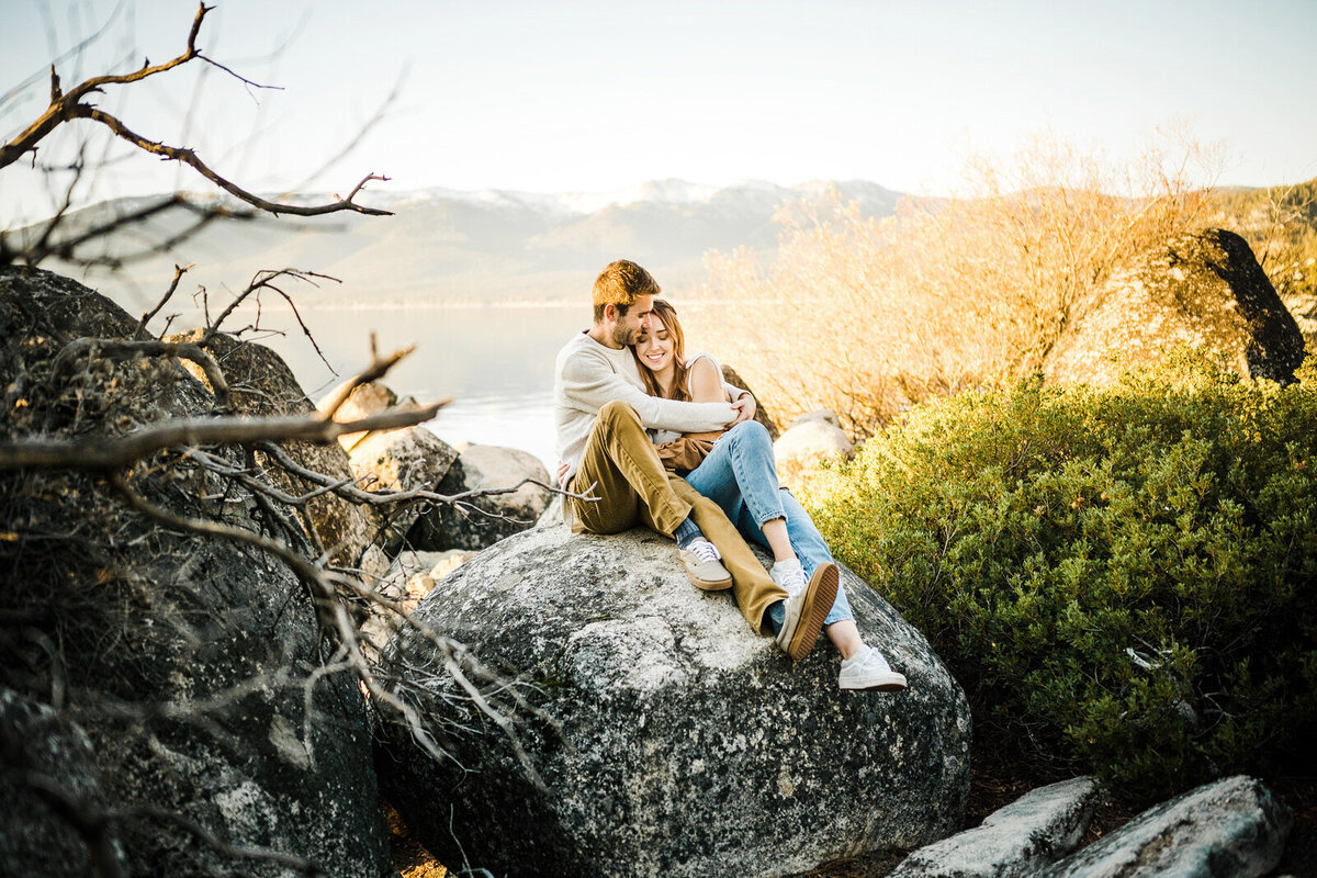 Loving embrace on rocky terrain