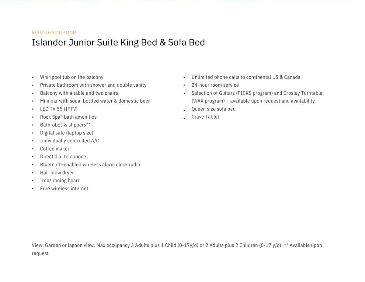 Islander Jr Suite King Bed & Sofa Bed Description