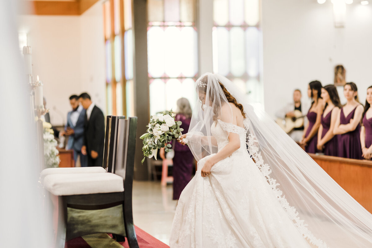 Bride approaching the alter at Saint Barbara's in Orange County California