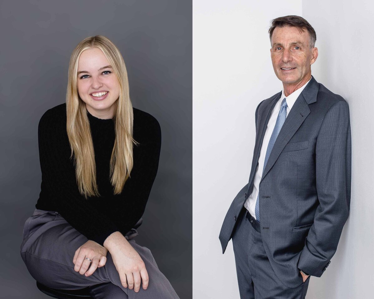 Two photos side by side: to the left, a young woman with long, blonde hair wearing a black turtleneck smiling in front of a dark grey background. To the right, an older man wearing a dark grey suit and blue tie smiling at the camera with his hands in his pockets in front of a white background.