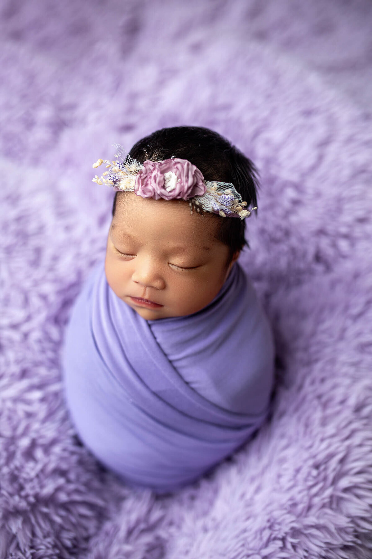 Stunning newborn baby girl wrapped in purple with purple and pink flower headband and sitting on lavender fur 