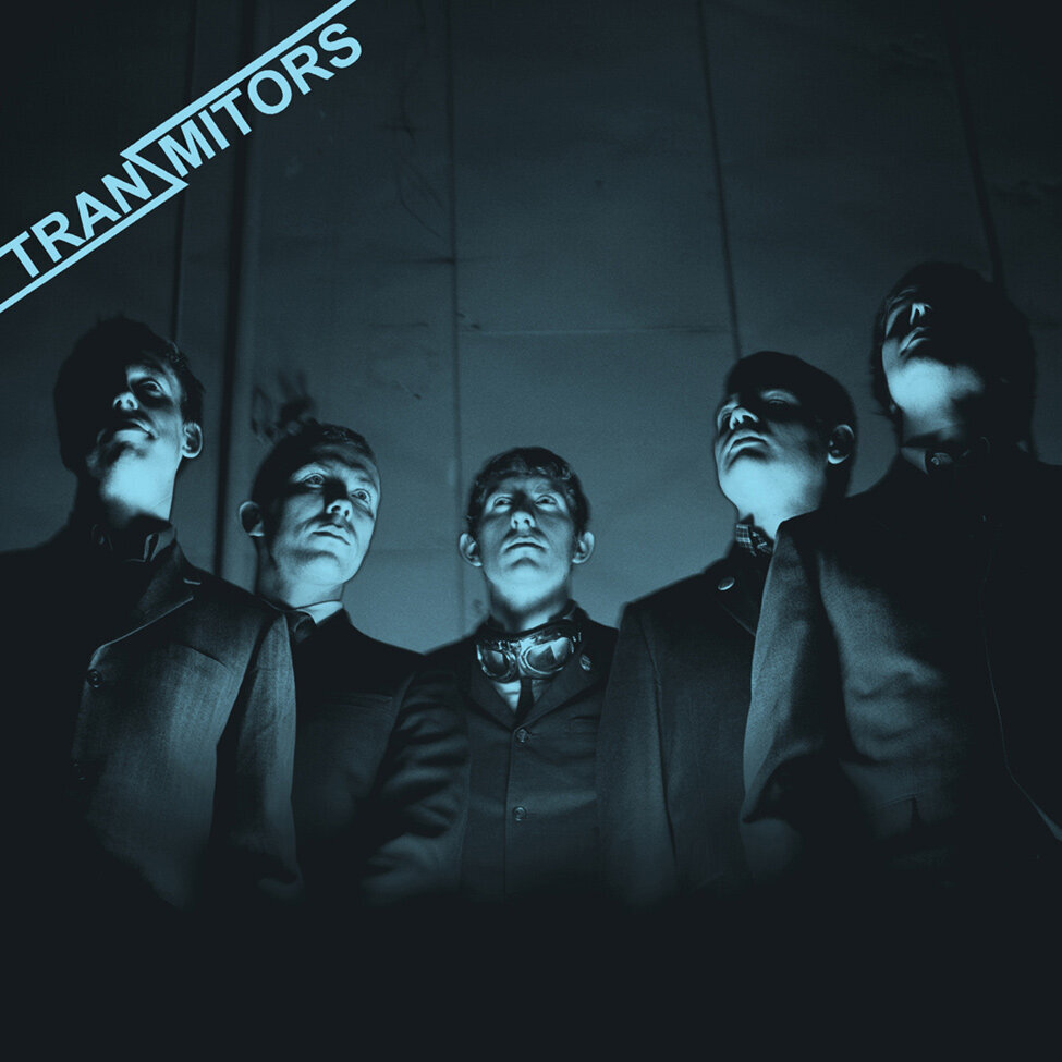 Self Titled Album Cover Band Tranzmitors low angle five members standing in V formation black and white image toned blue