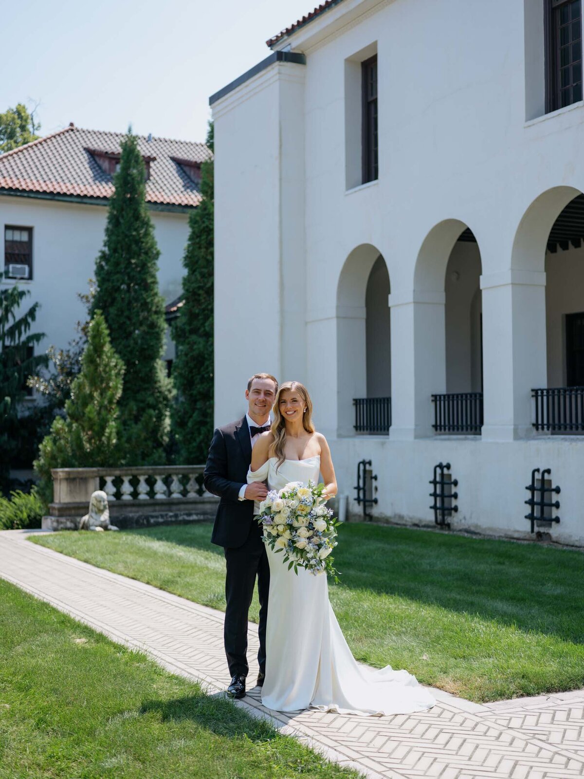 Bride and groom at the Hay-McKinney Mansion Courtyard at Cleveland History Center