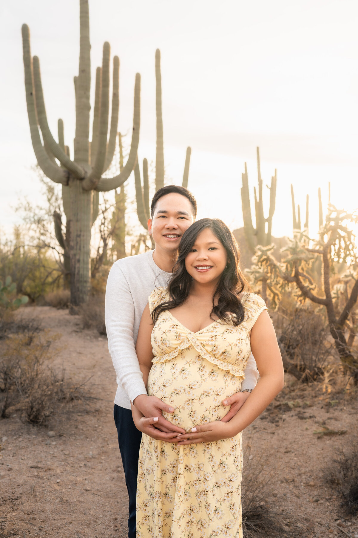 Tucson Saguaro National Park Arizona Elopement with Asian couple portrait during sunset elopement ceremony golden hour.