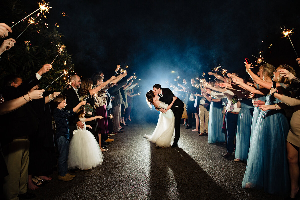 Bride and Groom exit with sparklers at The Milltown Historic District in New Braunfels