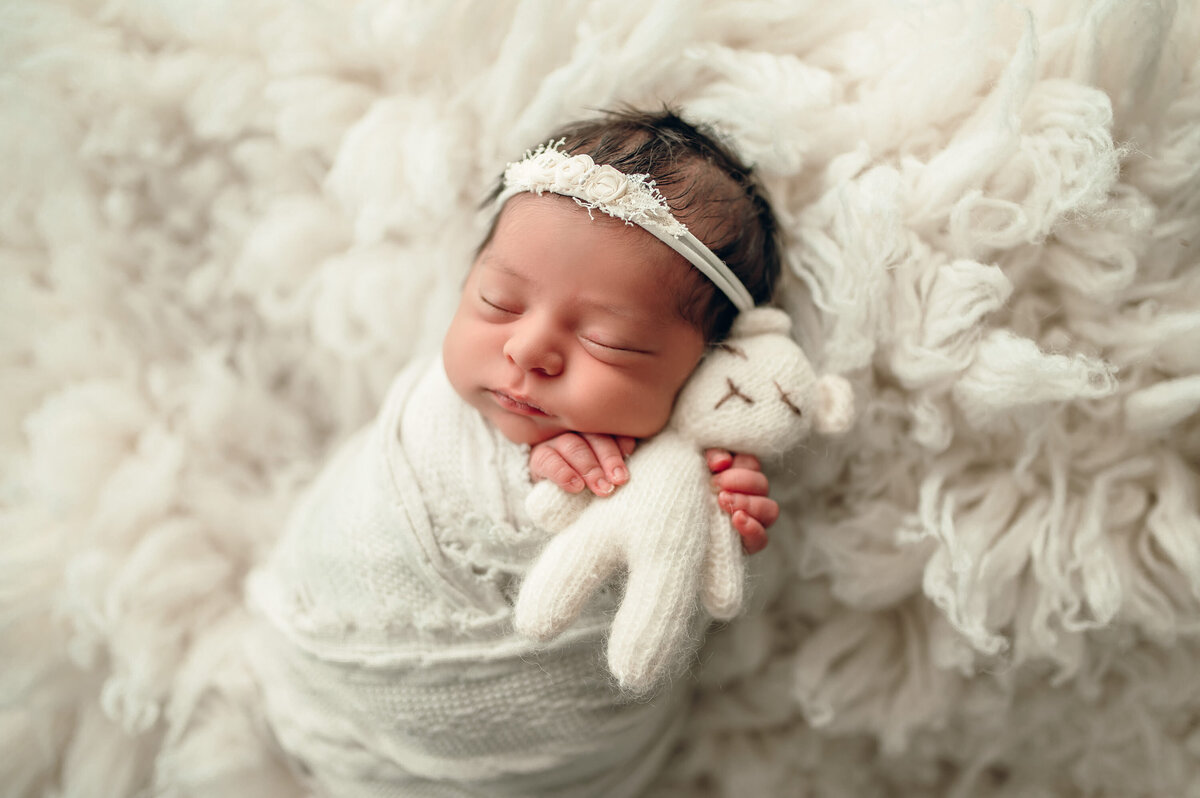 Portrait of a sleeping baby girl laying on a shag rug in our Waukesha photo studio. She is swaddled in a white blanket and holding on to a tiny white teddy bear.