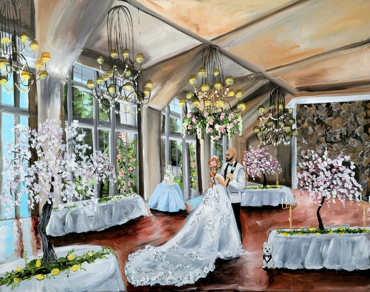 Amalfi Coast themed live wedding painting at the Ryland Inn in New Jersey. Couple in wedding attire share their first dance.