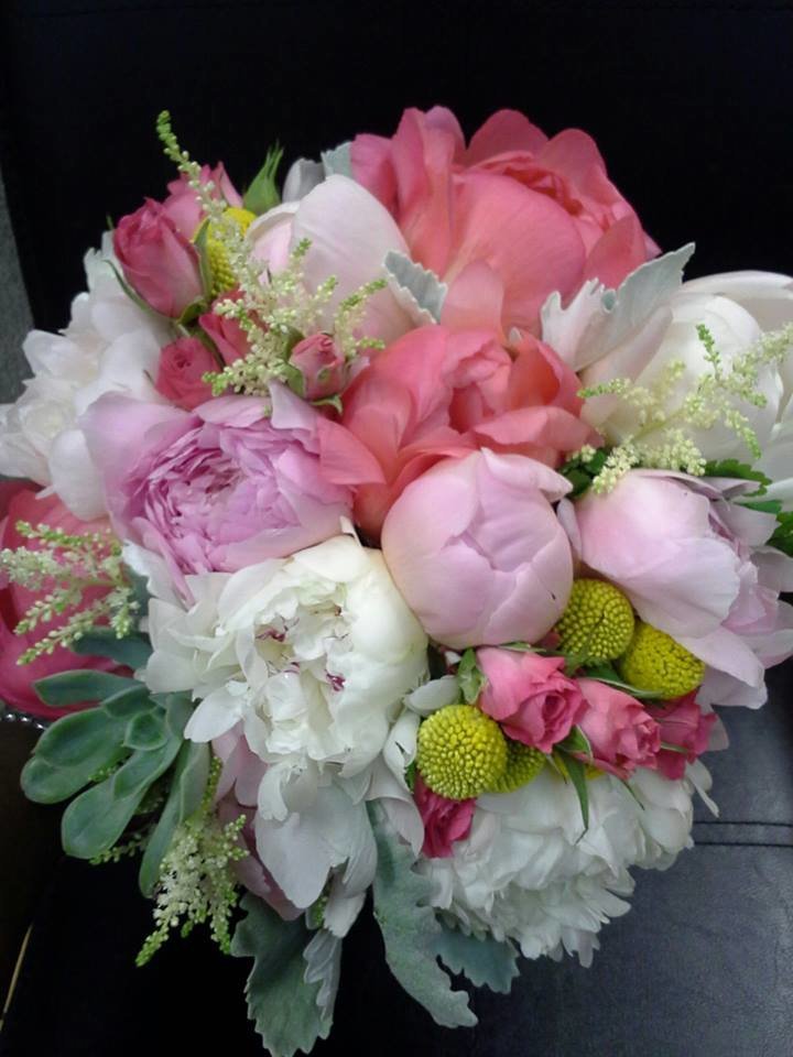 Coral charm peonies with succulents billy balls astilbe