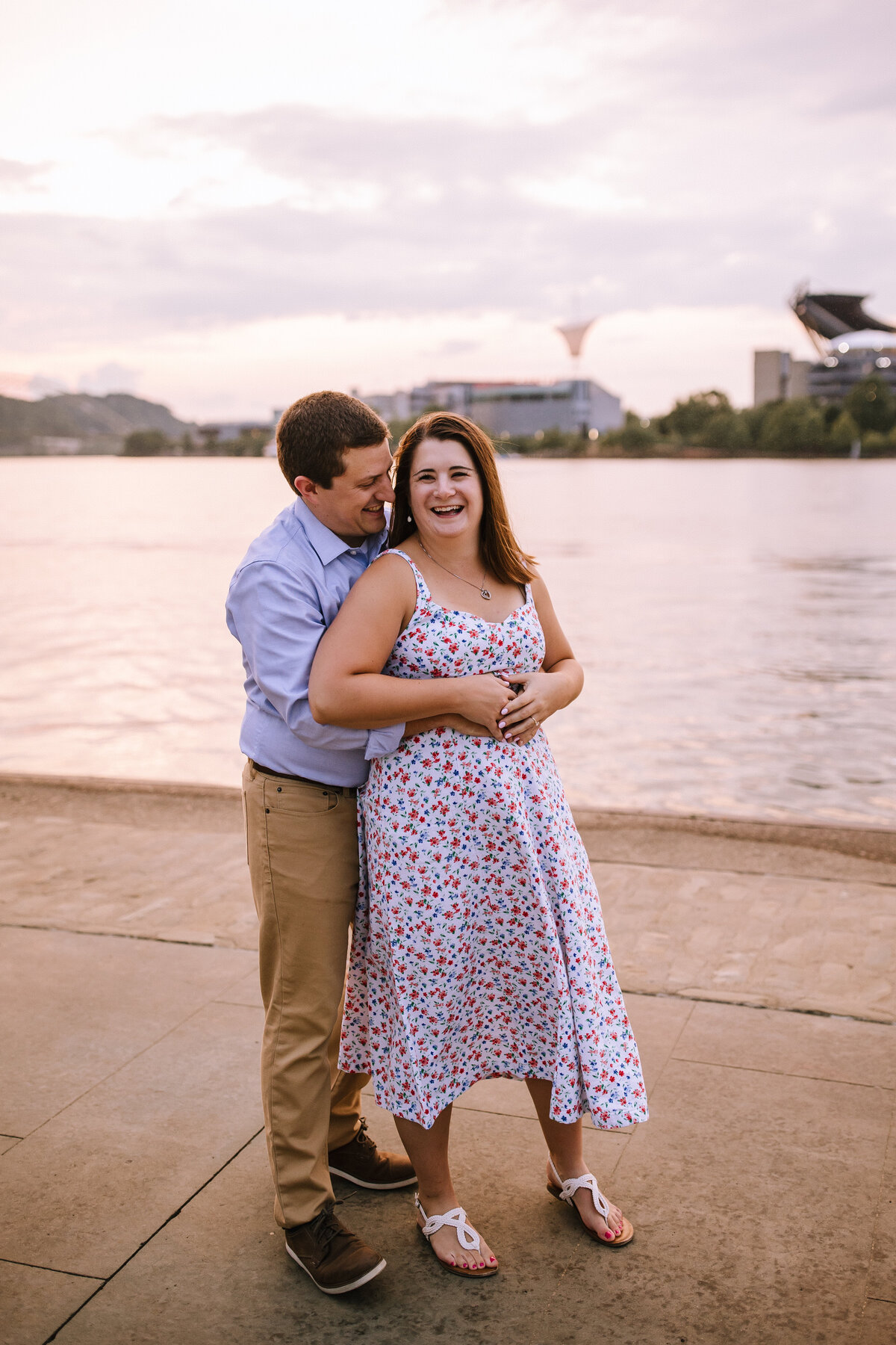 Engaged couple on the waterfront of the North Shore of Pittsburgh.