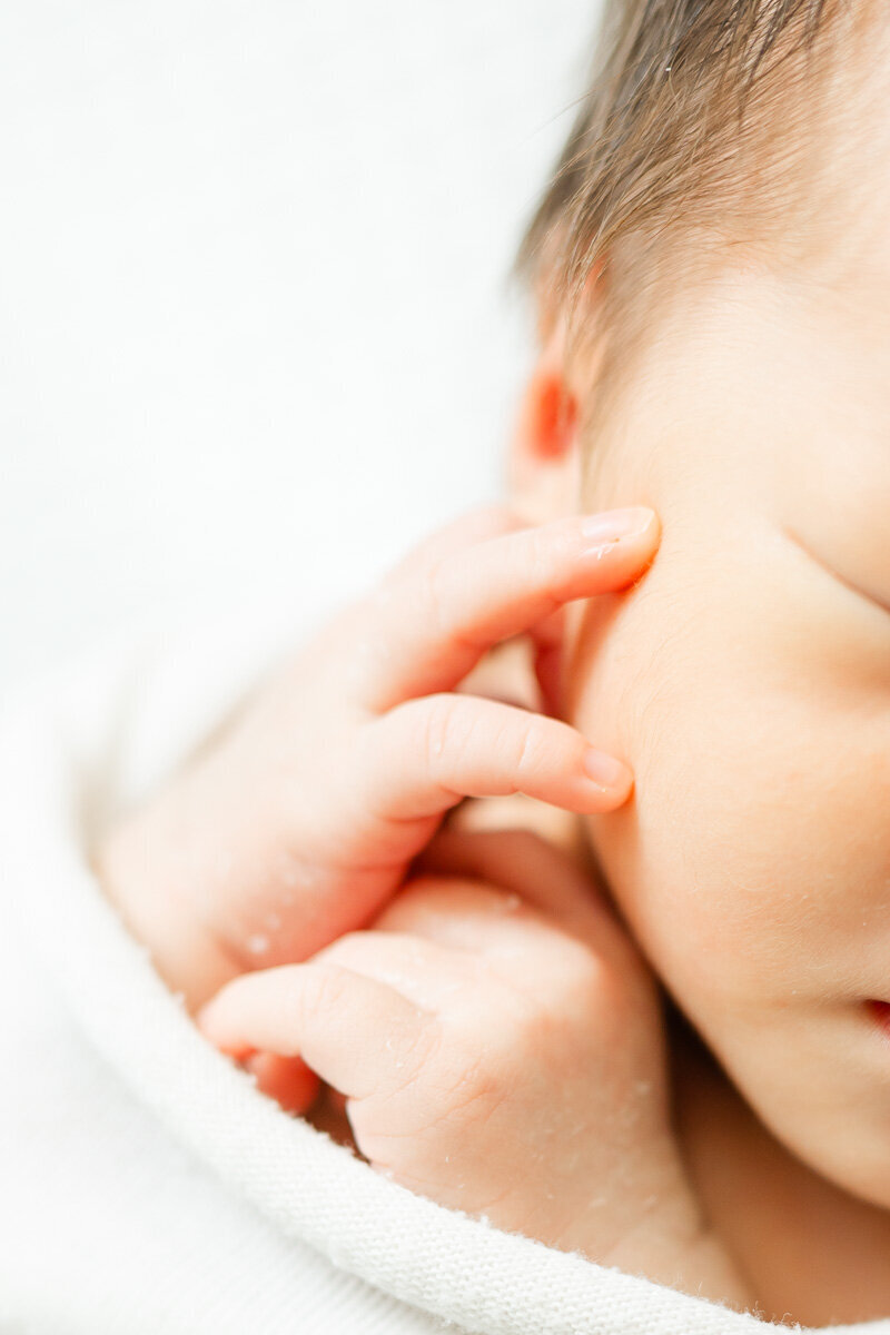 detailed shot of a newborn's hands during a posed session with an Austin newborn photographer.