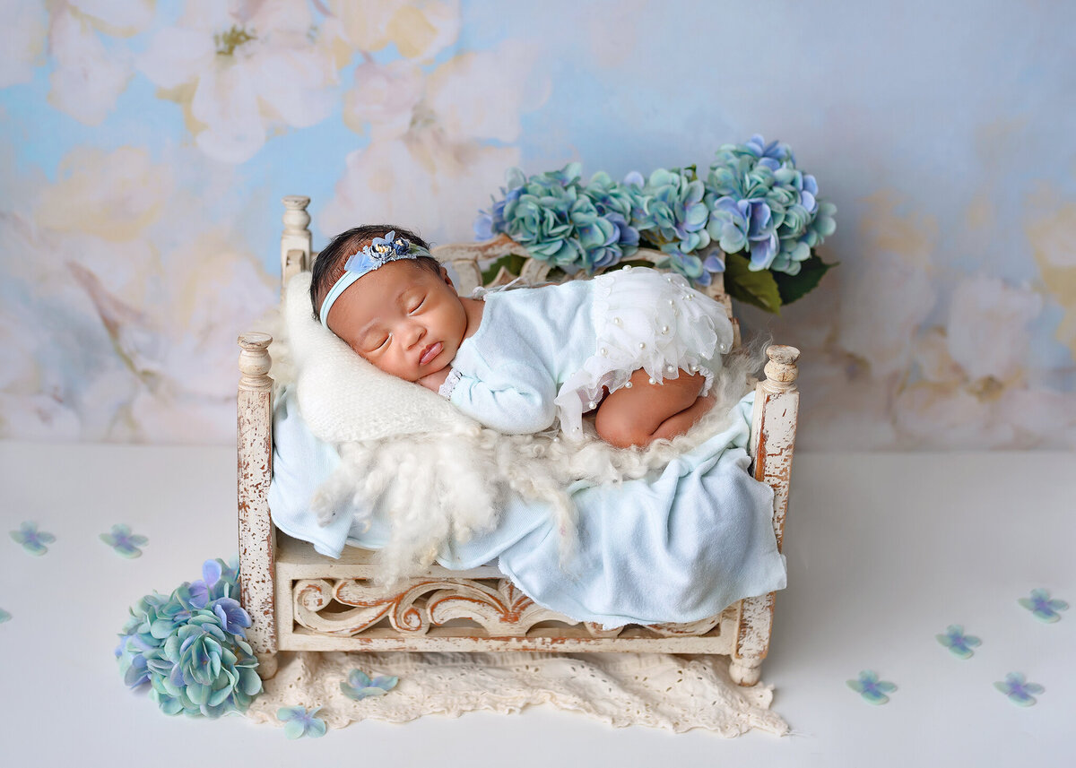 tiny newborn girl sleeping on tiny vintage scroll bed with blue hydrangeas and blue and white floral background