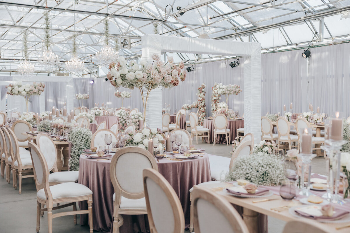 Luxurious lavender and ivory themed wedding reception