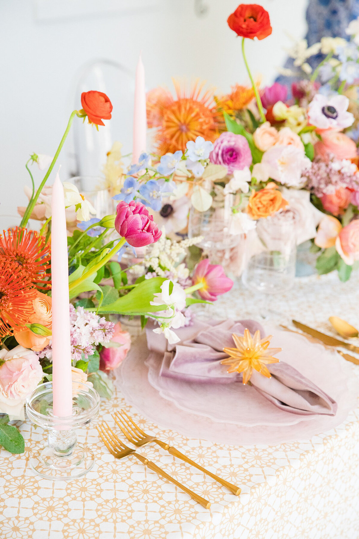 bright colorful floral table at lowndes grove charleston sc