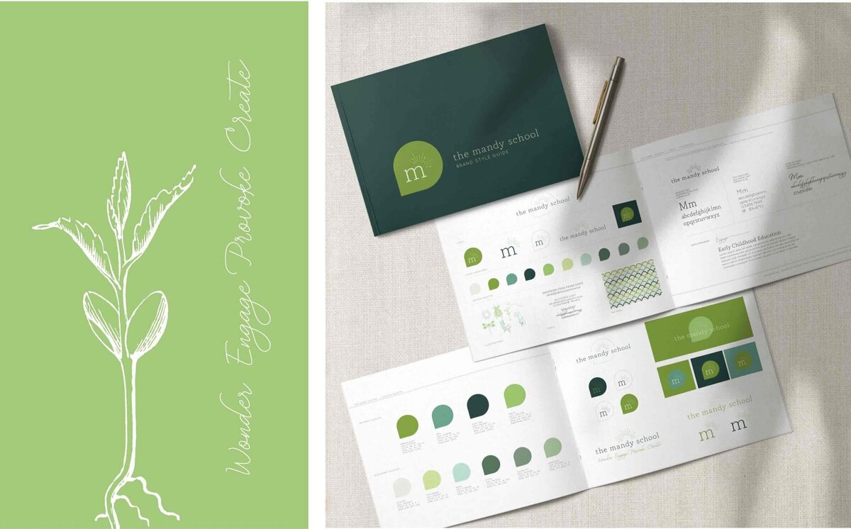 Clean green branding for The Mandy School shown in brand guidelines book