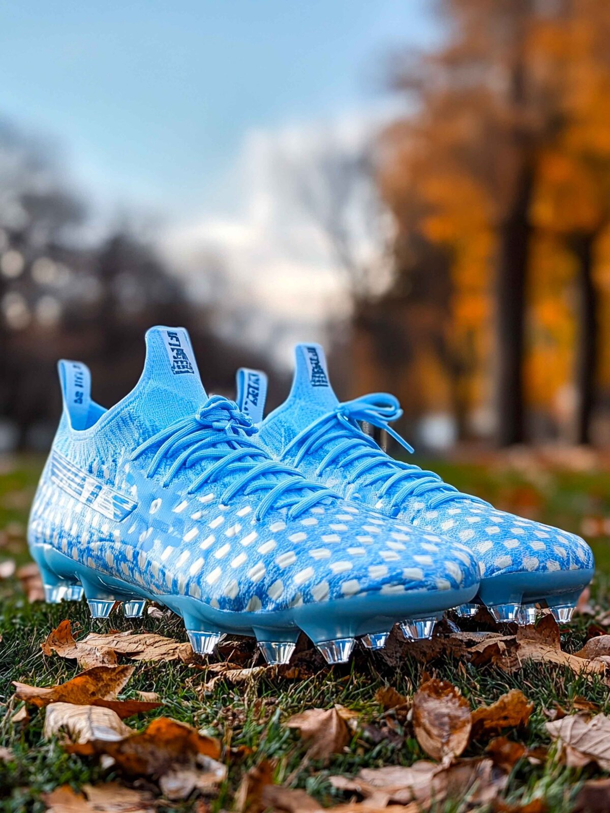 A branded photography shot of custom cleats in a UNC inspired colorway