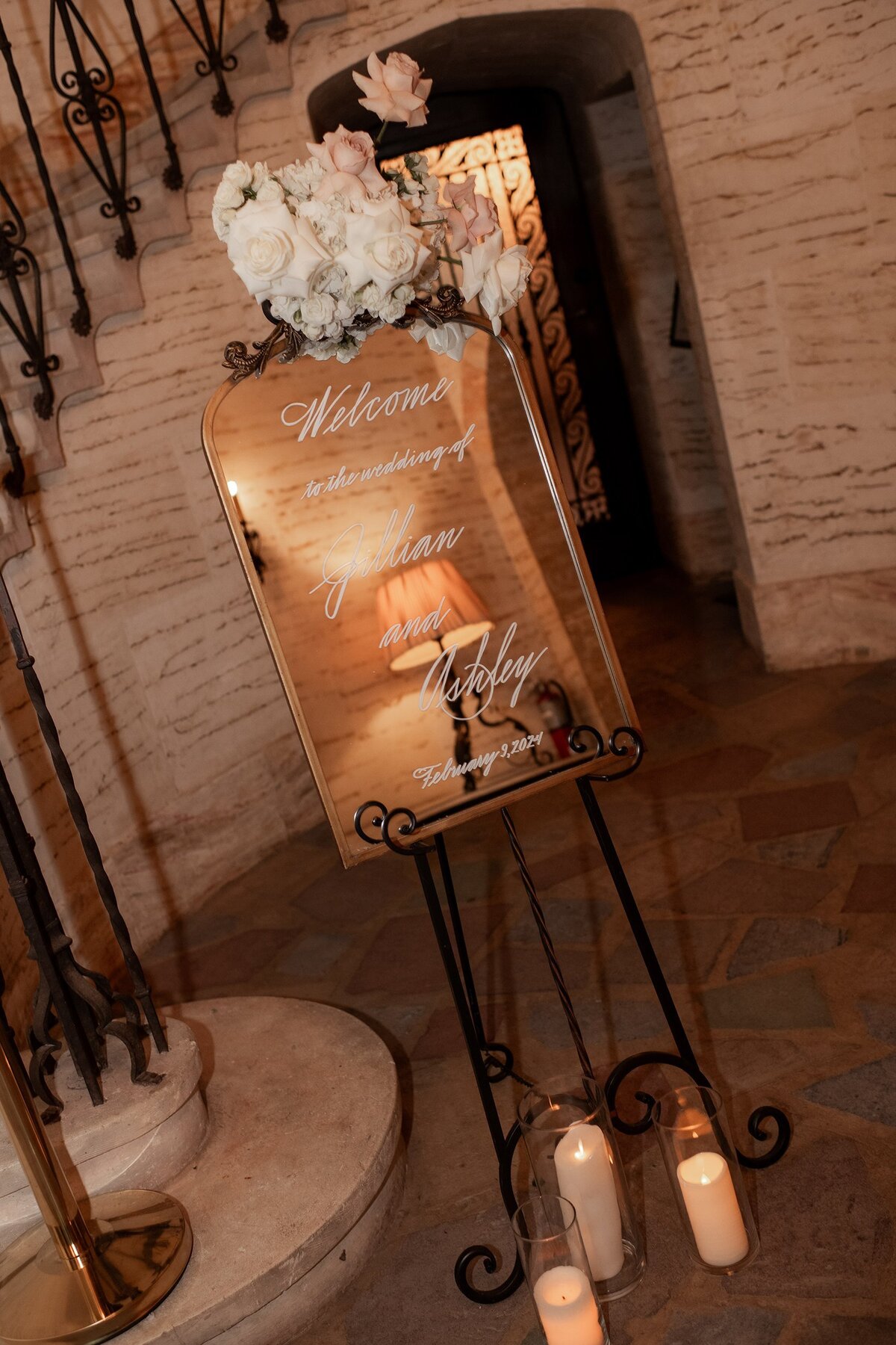 Medium arch mirror with ornate ornament on top with calligraphy for welcome sign