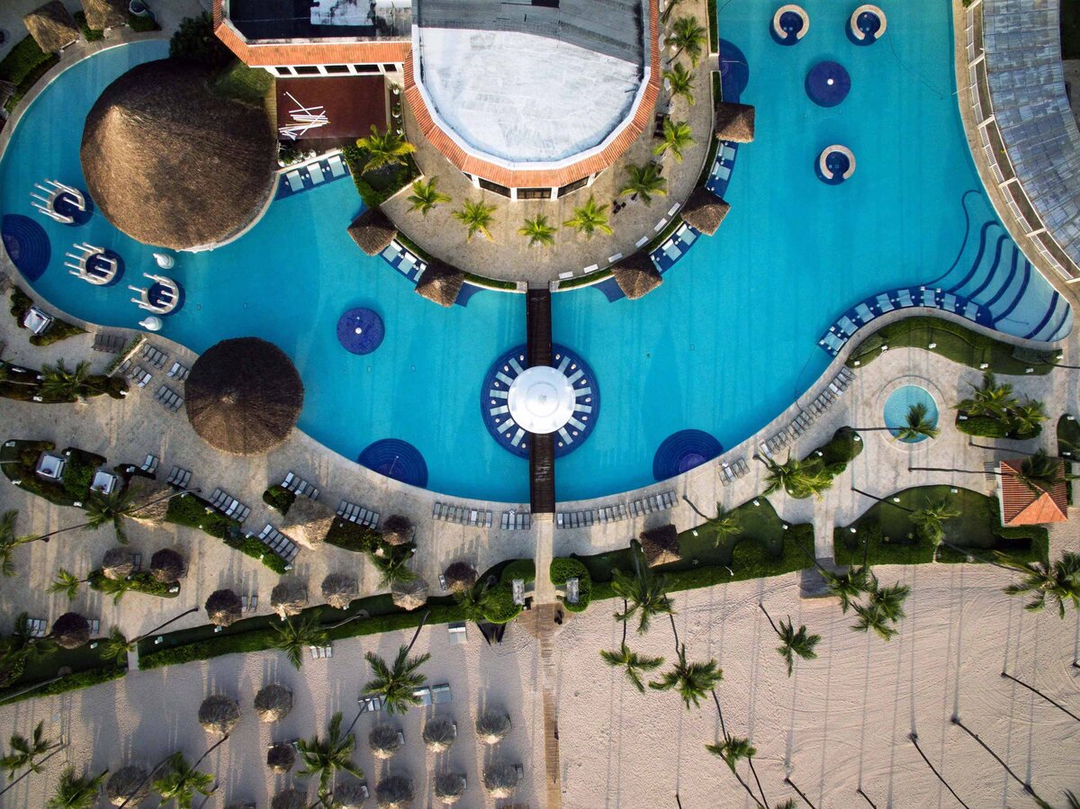 An Ariel photo of the pool and beach front at Paradisus Palma Real hotel