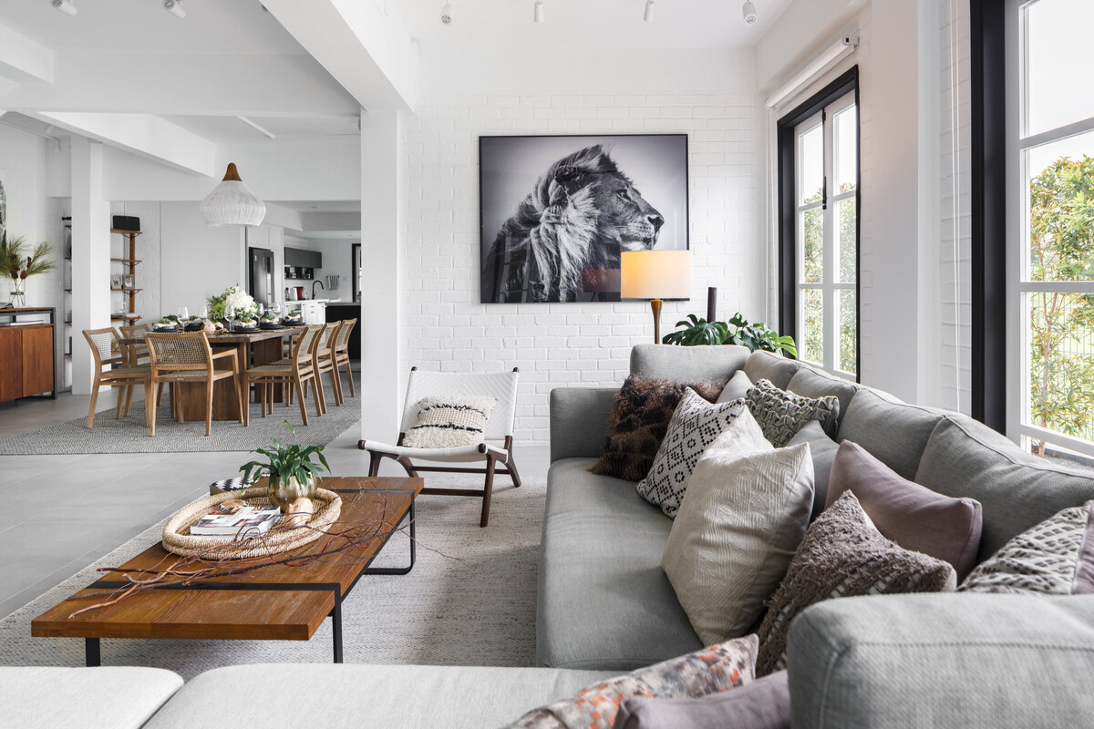 Living room with grey sofa