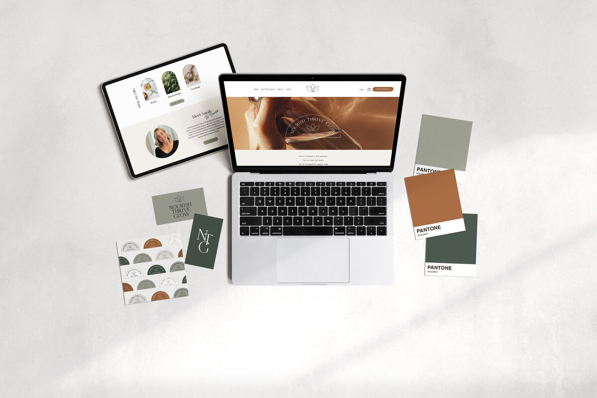aGreen and rust toned branding assets on mobile and web design, business cards, and handout mock-ups.