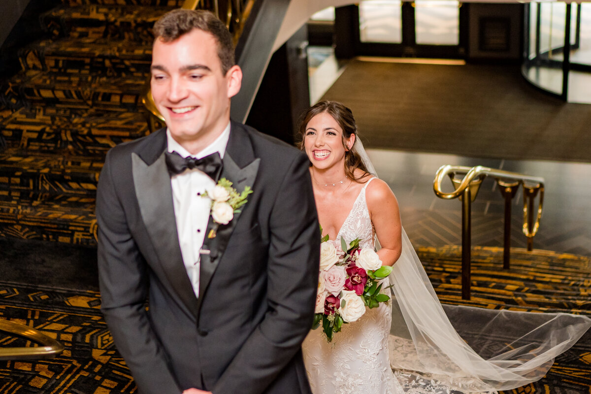 Bride and Groom first look at Hotel Allegro Chicago