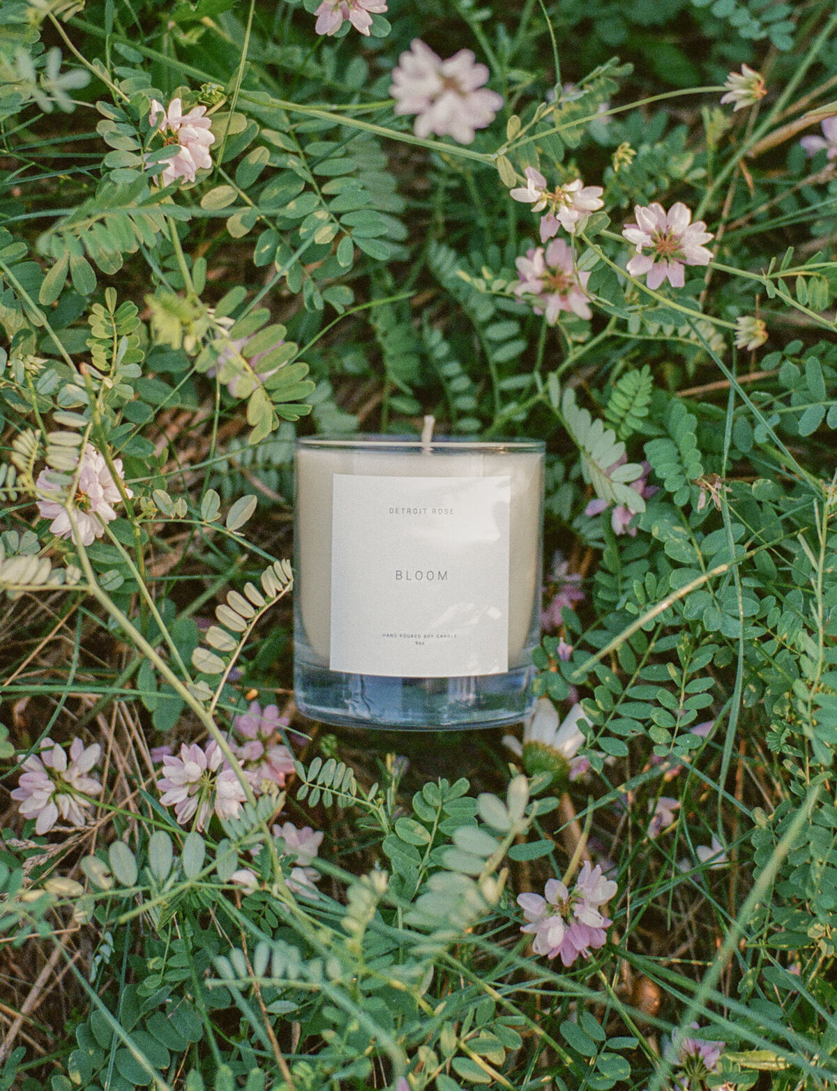 Detroit Rose Bloom candle in wildflower meadow, pink clover wildflowers, film candle branding photoshoot in Michigan
