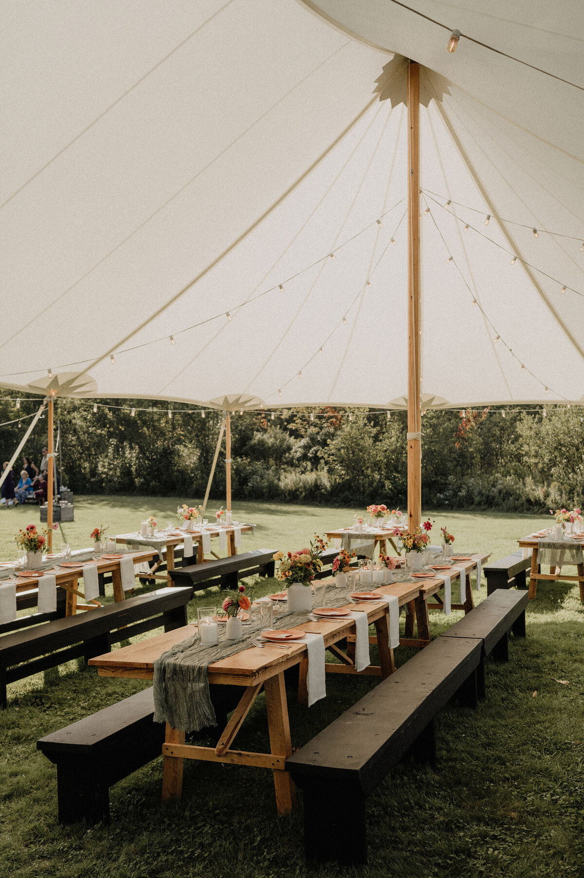 Outdoor tables and tablescape for Maine wedding