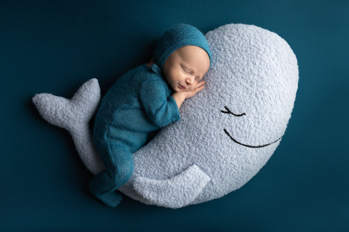 Newborn baby in a teal knit outfit cuddled up to a white plush whale on a teal background created in a Dallas newborn photography studio.