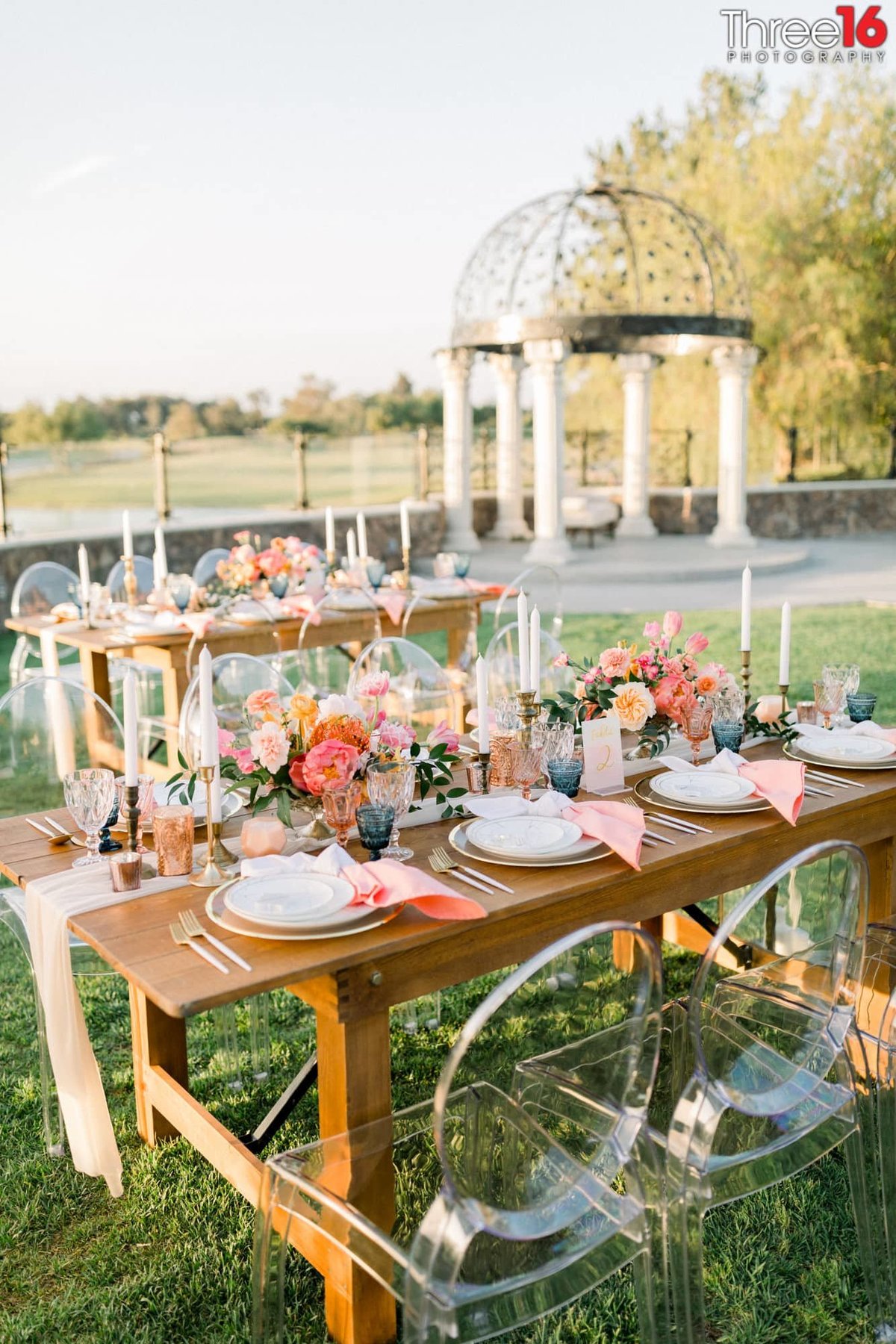 Beautifully decorated outdoor wedding reception tables