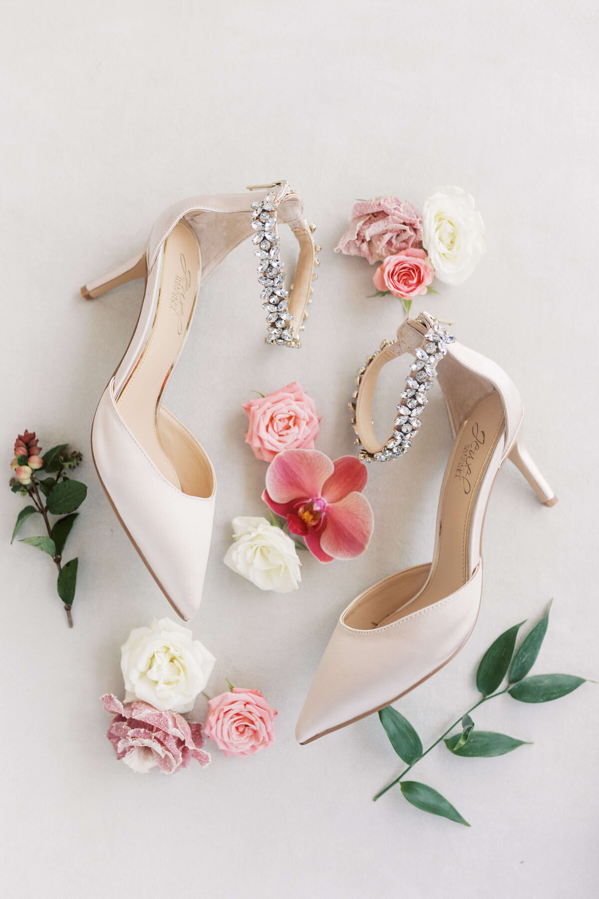 Badgely Mischka Jewel shoes styled with Florals from Rosaspina Florals.