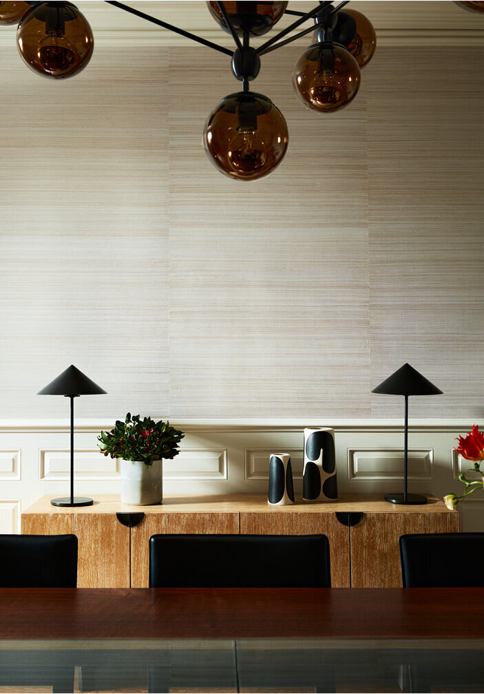 Modern sideboards and grasscloth in historic home Boston