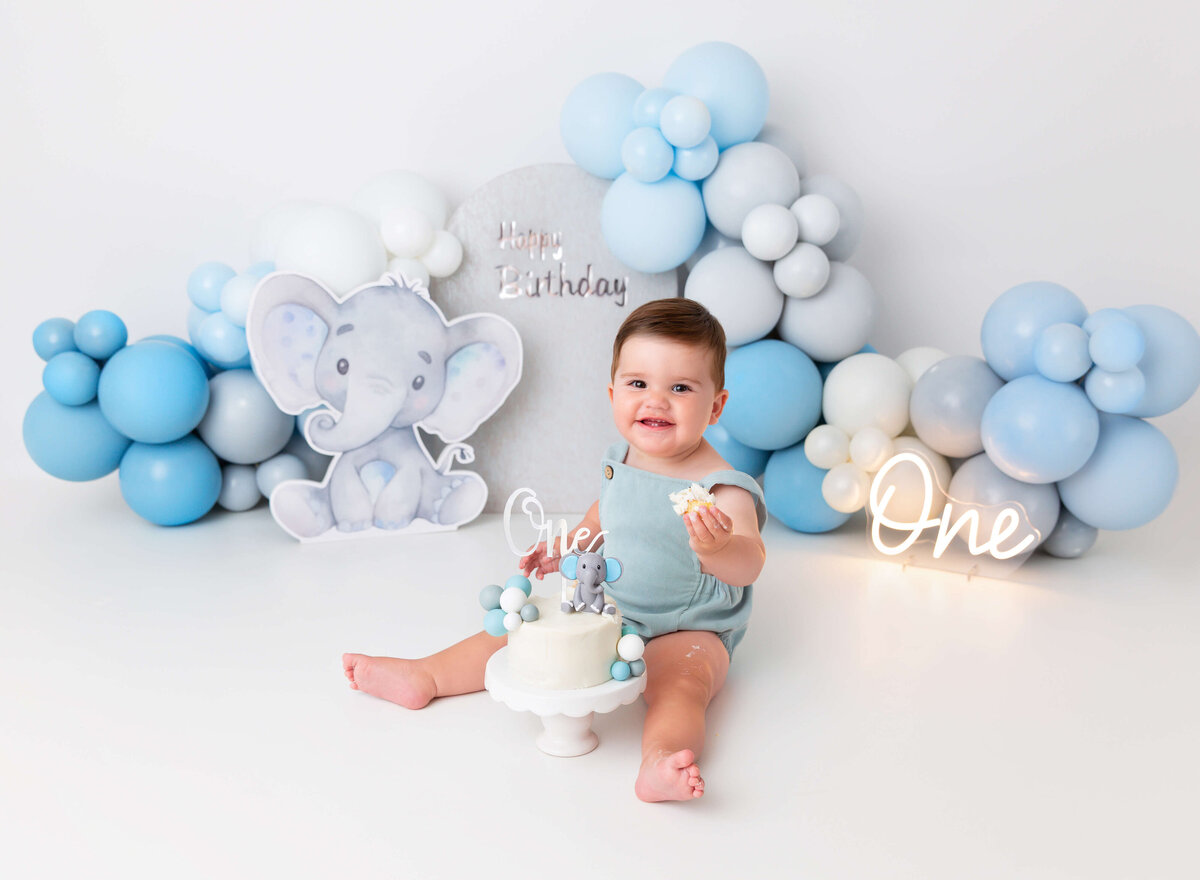 Blue grey white elephant theme Modern cake smash photoshoot in Brooklyn for baby boy