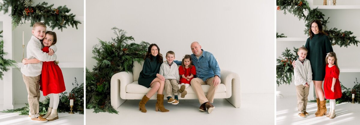 family in red and green Christmas outfits