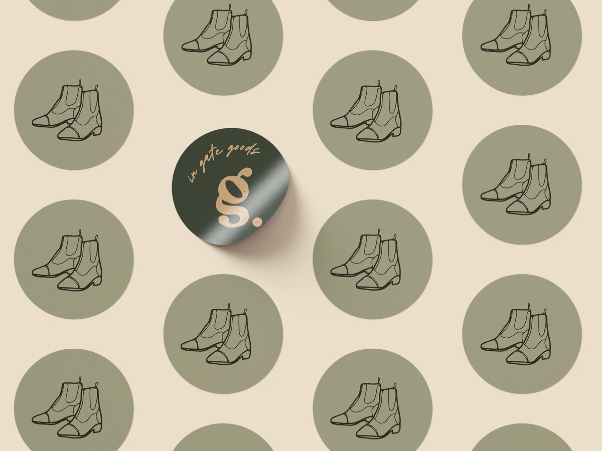 Olive and emerald green stickers with equestrian paddock boots in brown and submark logo for In Gate Goods in orange