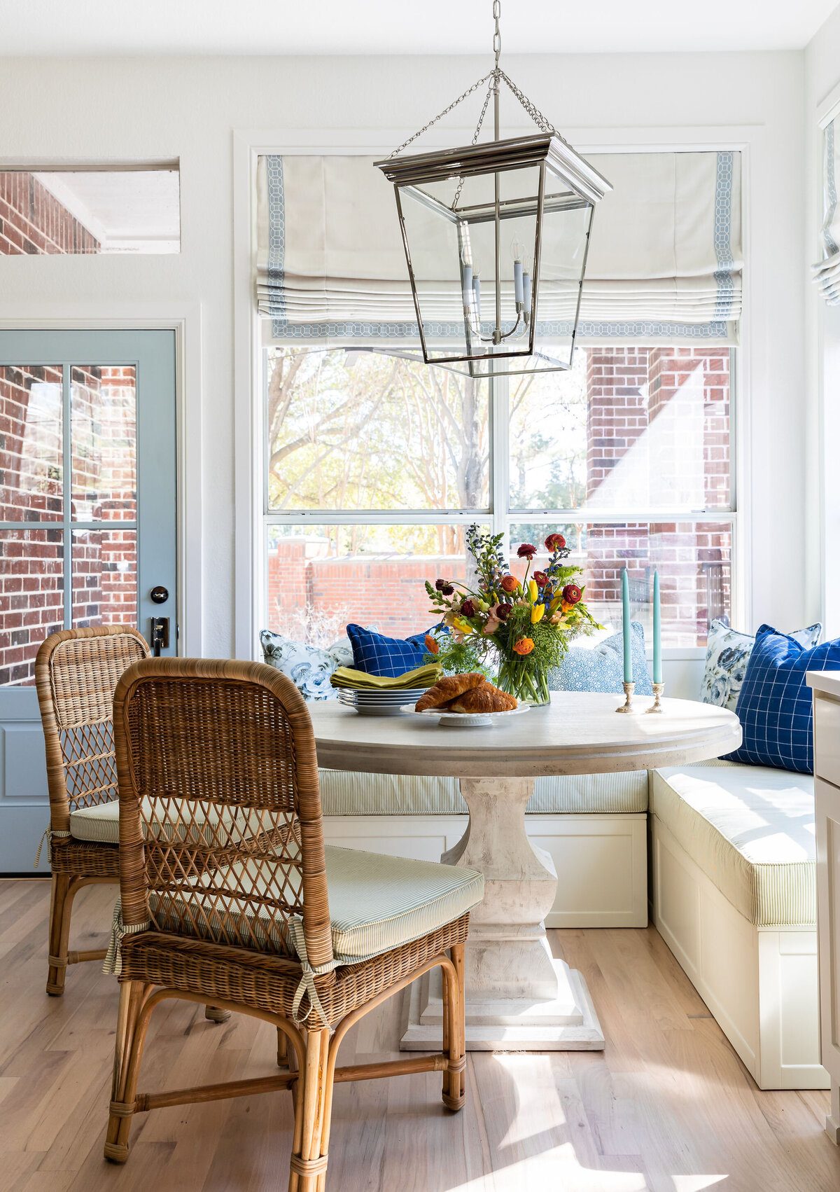 Rattan Breakfast Chairs  and Round Kitchen Table, Visual Comfort Lantern