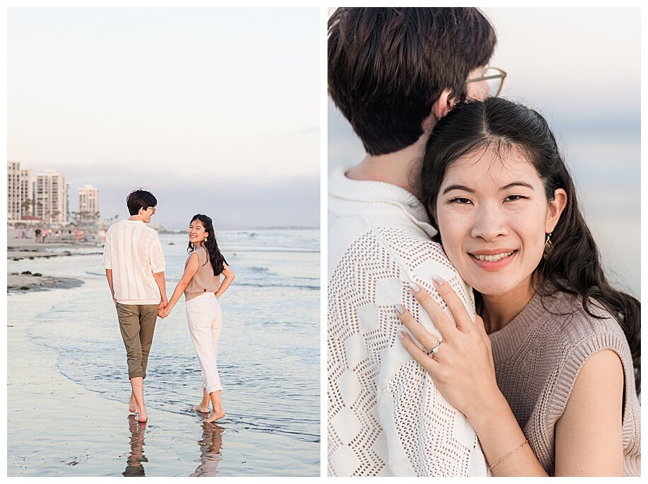 engaged couple walking in water at Coronado Beach