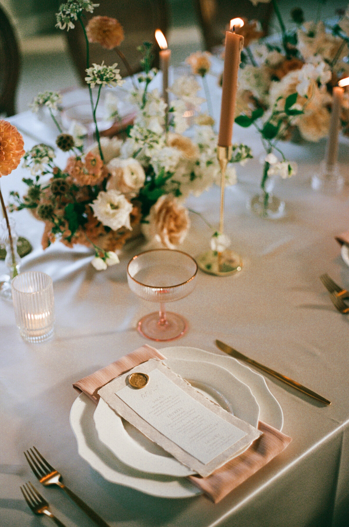 photo of a beautiful tablescape at a luxury wedding captured by Los Angeles film wedding photographer