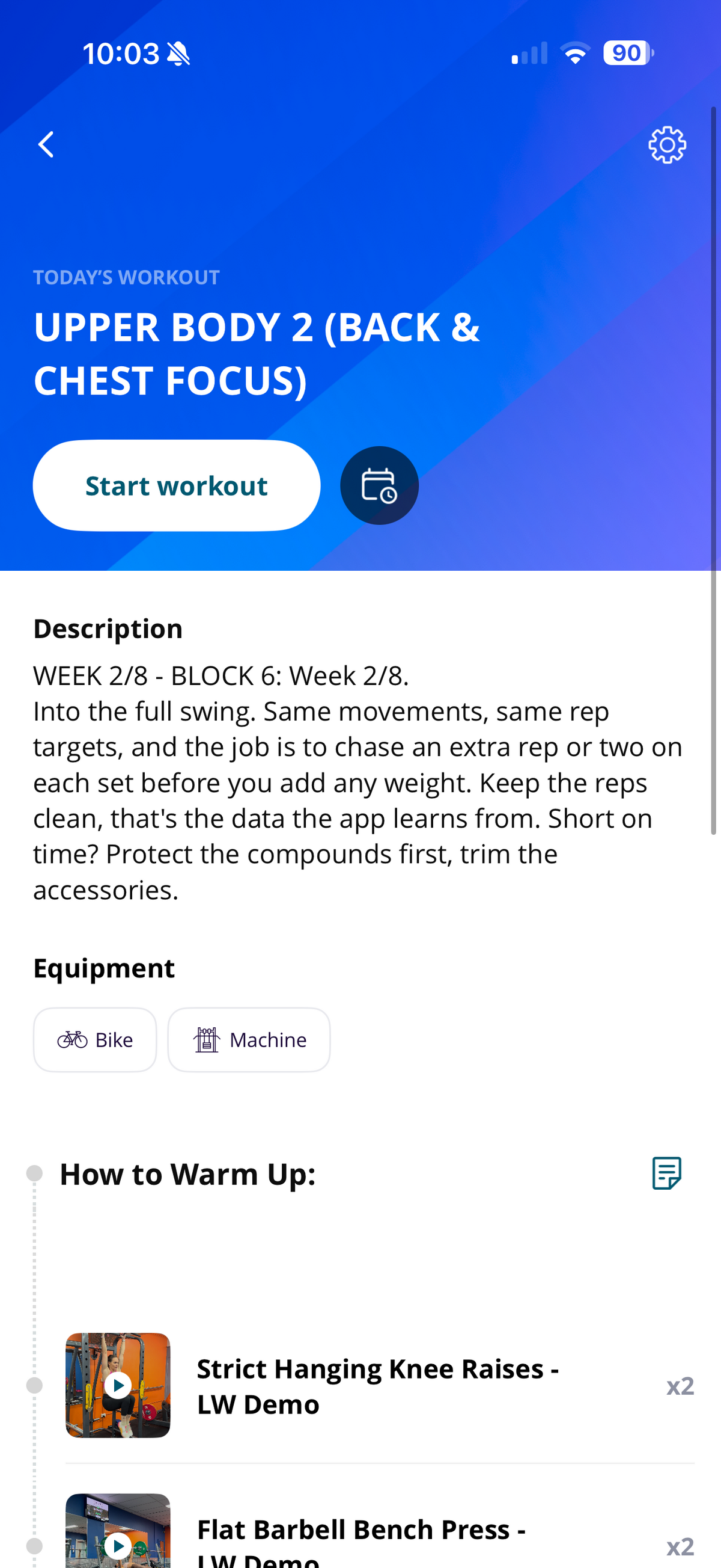 Training app screen