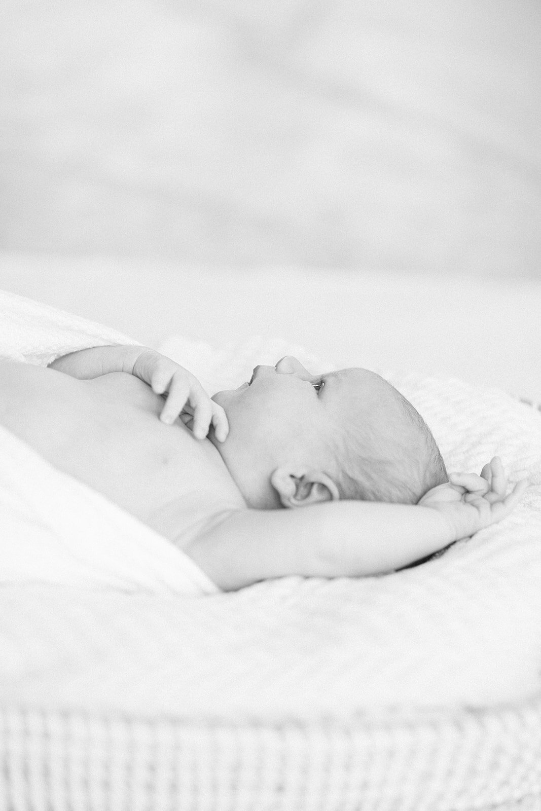 Black and white detailed portrait photo of newborn baby