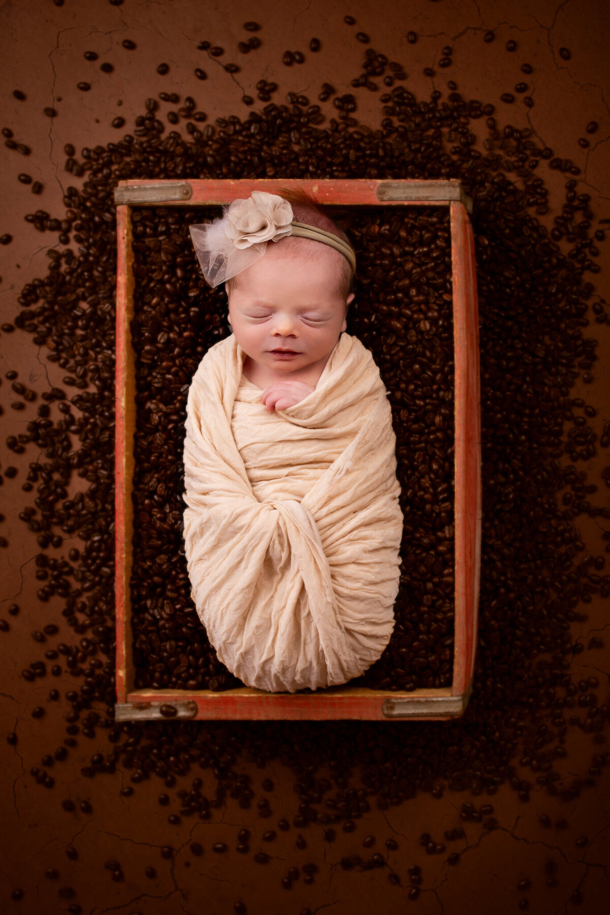 Newborn nestled in an antique wooden box filled with coffee beans, captured in Overland Park, Kansas. A unique and aromatic setup for families seeking creative and themed newborn photography.