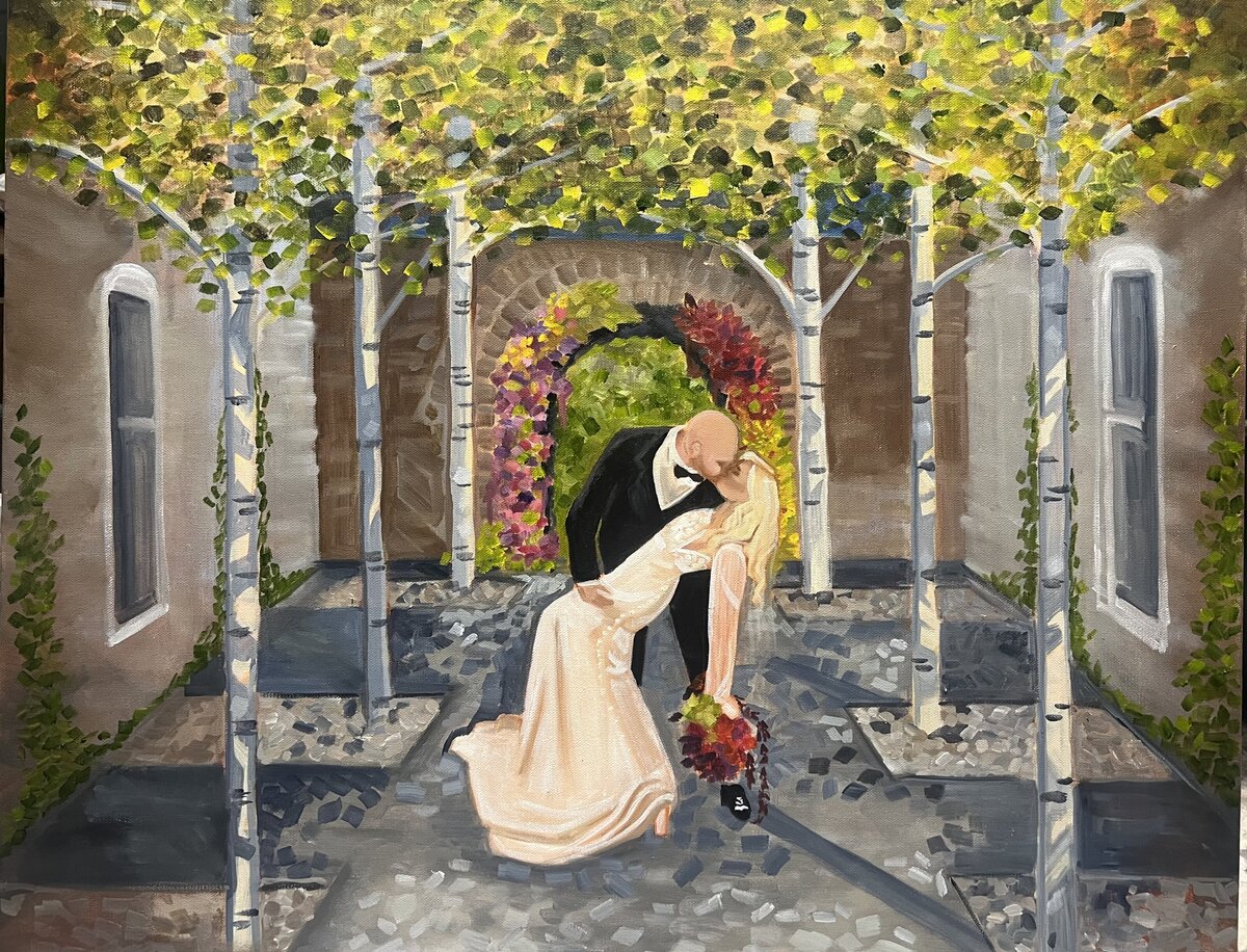 A black tie wedding in the courtyard of the Surf Hotel in Buena Vista Colorado depicts a groom sweeping his bright blonde bride in an oil portrait painted live by Colorado Live Wedding Painter Olivia Andruss